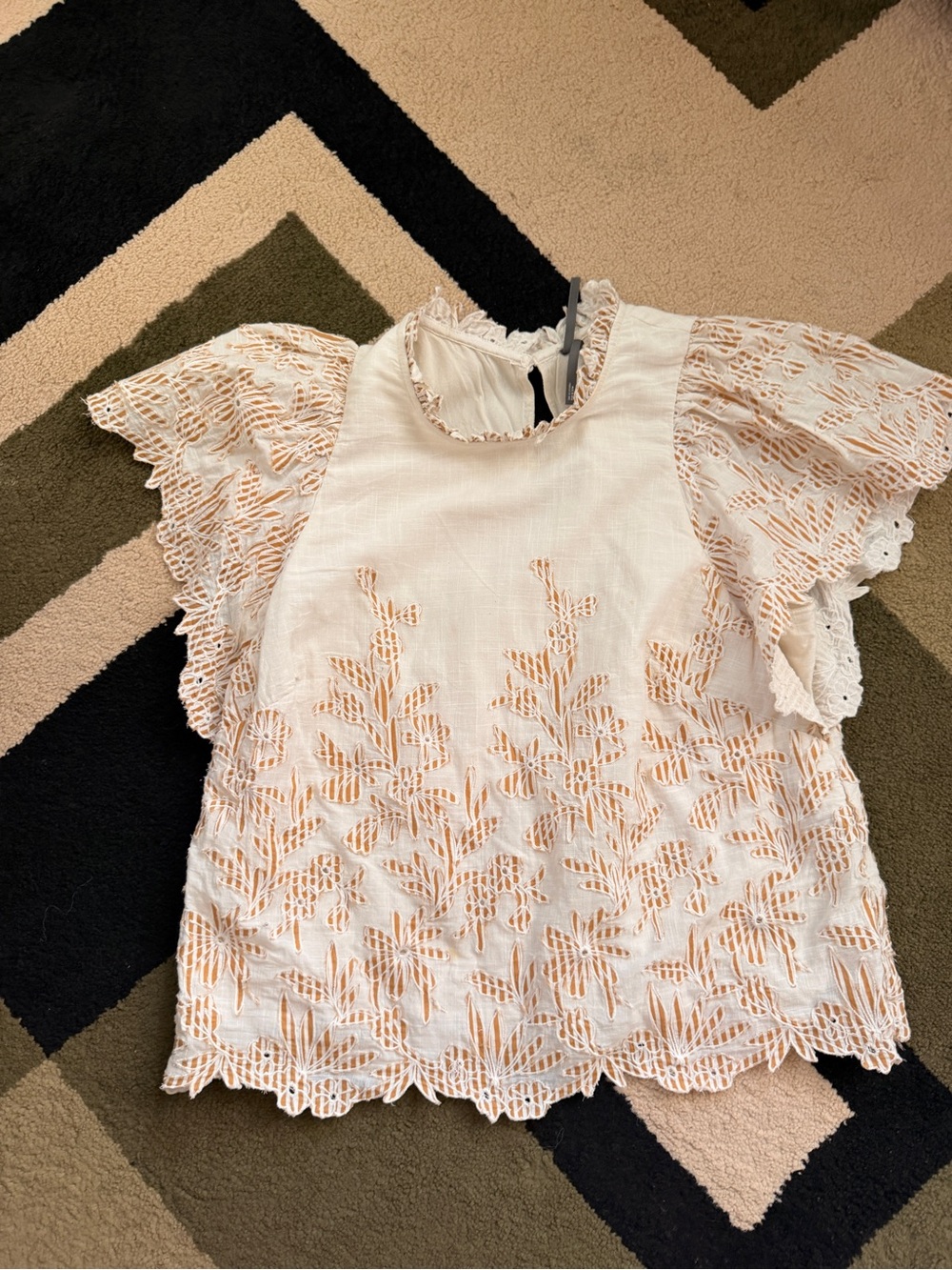 Anthropologie Cream Lace Eyelet Flutter-Sleeve Blouse